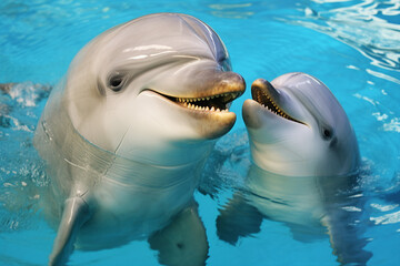 Obraz premium Dolphin performance in dolphinarium aquapark best friends with people swimming together Generative AI picture