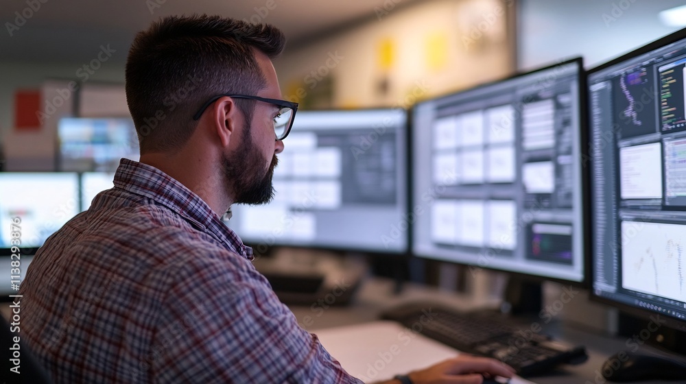 Poster operator reviewing print samples on computer screen for accurate production