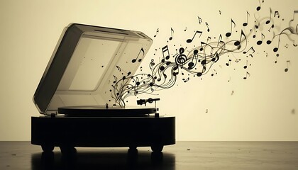 Silhouette of a record player spinning with music notes in the air