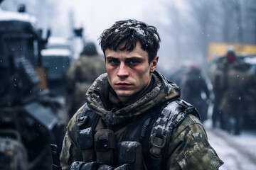 Generated with ai image of male brave soldier wearing camouflage during a military task
