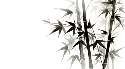 Elegant monochrome artwork featuring bamboo leaves and stalks. The stark contrast of black ink against a white background creates a serene and minimalist aesthetic.