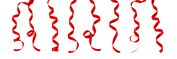 Red satin bow ribbon scroll png isolated on transparent background for Christmas holiday and wedding anniversary card confetti design decoration