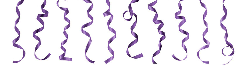 Purple satin ribbon mulberry lavender bow scroll PNG set isolated on transparent background for holiday and wedding card confetti design decoration