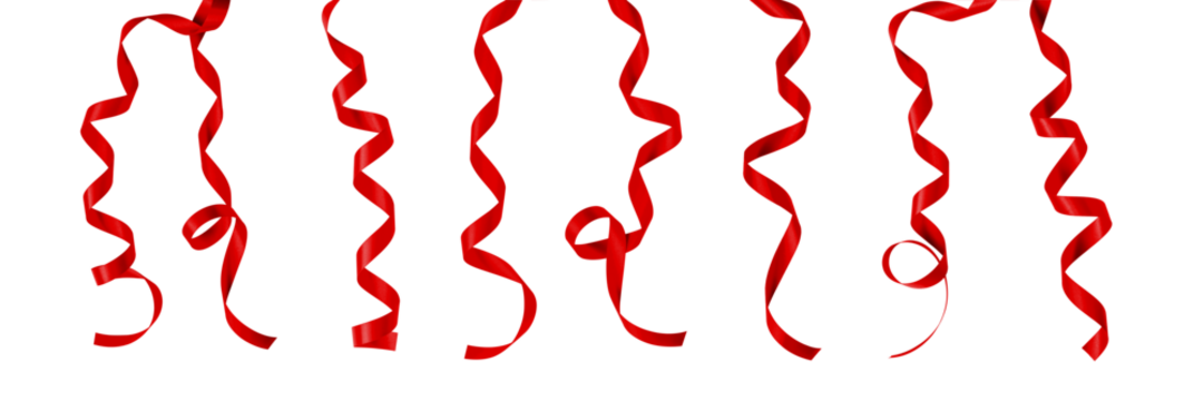 Red satin bow ribbon scroll png isolated on transparent background for Christmas holiday and wedding anniversary card confetti design decoration