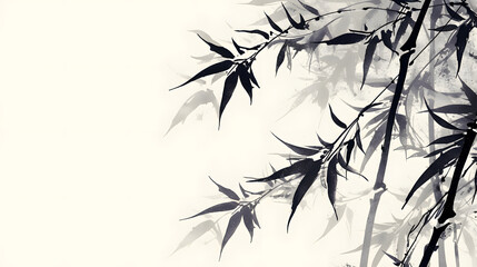 Elegant monochrome artwork featuring bamboo leaves and stalks. The stark contrast of black ink against a white background creates a serene and minimalist aesthetic.