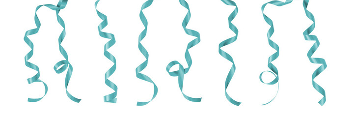 Teal green blue satin ribbon bow curly scroll PNG set isolated on transparent background with...