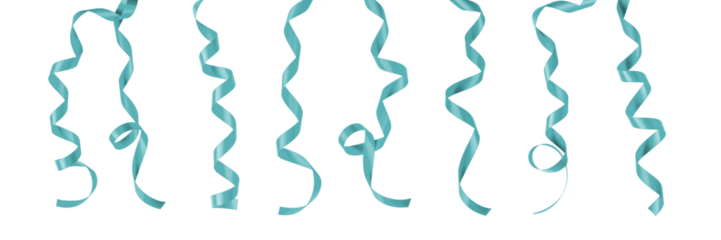 Teal green blue satin ribbon bow curly scroll PNG set isolated on transparent background with clipping path for holiday and wedding card confetti design decoration