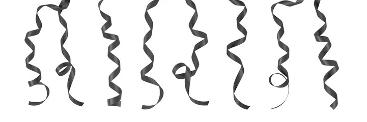 Black ribbon satin bow color curly scroll hanging PNG set isolated on transparent background with...