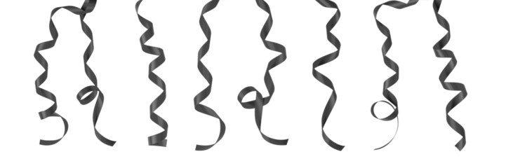 Black ribbon satin bow color curly scroll hanging PNG set isolated on transparent background with clipping path for ceremony invitation card design decoration element