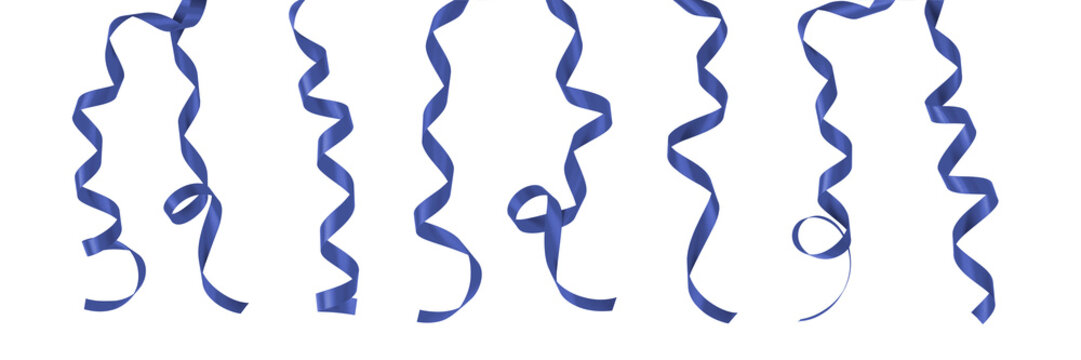 Dark blue ribbon navy satin bow color curly scroll png set isolated on transparent background for birthday and greeting card confetti design decoration