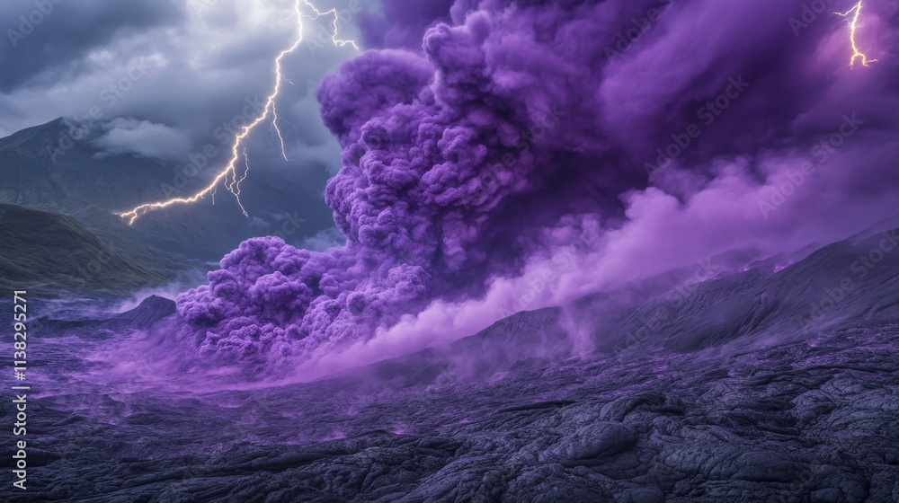 Poster swirling clouds of vivid purple smoke merge with flashes of lightning, creating a surreal tilted com