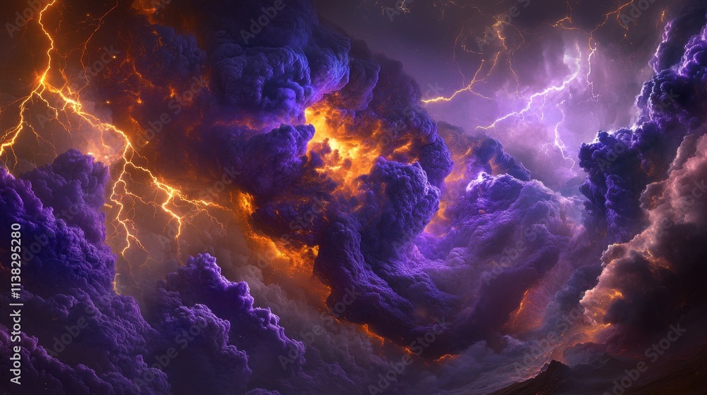 Poster swirling clouds of vivid purple smoke merge with flashes of lightning, creating a surreal tilted com