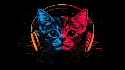 Neon Kitten with Headphones, Vibrant Music Illustration,  A Feline DJ Grooves to the Beat,  Energetic Art Design
