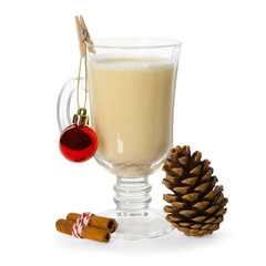 Tasty Christmas cocktail (eggnog) in glass, pine cone and baubles isolated on white