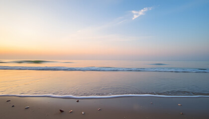Obraz premium Pastel Sunrise Over a Serene Beach with Drifting Clouds