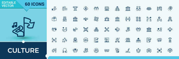Set of Culture line icons. Containing hot, film, movie, art, museum and more. Icons for UI. Solid line editable stroke.