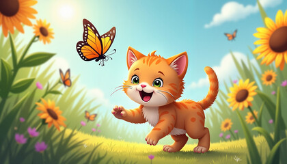 Fototapeta premium Playful orange kitten with joy chasing butterfly in sunny flower field 