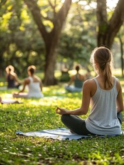 A serene outdoor yoga session in a lush park, promoting mindfulness and relaxation.