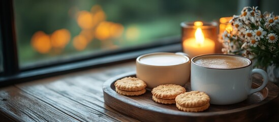 Cozy evening scene with coffee, cookies, and candles by the window.