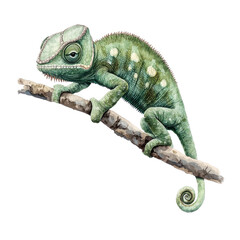 A beautifully illustrated chameleon perched on a branch, showcasing its vibrant green colors and distinctive spots, ideal for nature-themed designs.