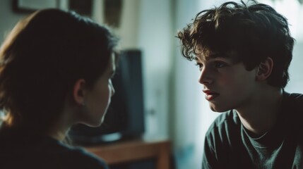 Teenage boy discussing personal issues and challenges with his mother in a heartfelt conversation