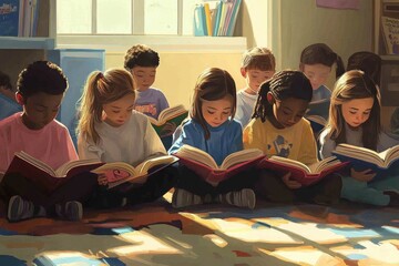 Diverse group of children engrossed in reading books, bathed in sunlight in a classroom setting.