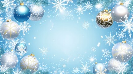 A Festive Winter Wonderland Background with Blue and Silver Ornaments Surrounded by Snowflakes, Perfect for Holiday Cards and Seasonal Celebrations