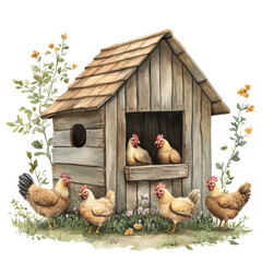 A charming wooden chicken coop surrounded by chickens and vibrant flowers, showcasing farm life and nature in harmony.