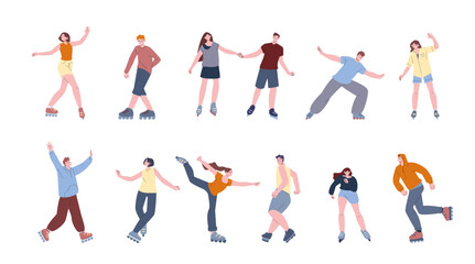 Roller skaters. Retro sporty men women on roller skate, hobby or workout. Enjoying active characters, young people free time, kicky vector set