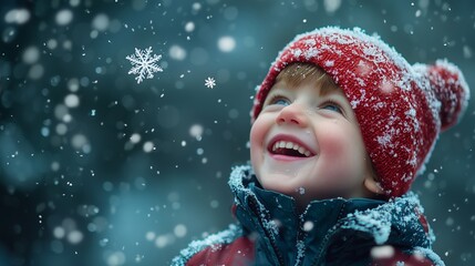 A little boy with a huge smile on his face as he discovers the first snowflake of the season, his breath visible in the crisp winter air.