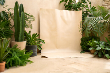 Cactus garden in outdoor corner. Exotic south scene. Craft paper on plaster wall and sand flooring surrounded by desert greenery with copy space. Studio space room. Interior photo studio for product 