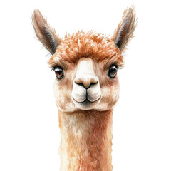 Obraz premium A cute and fluffy alpaca portrait, showcasing its expressive eyes and soft fur, perfectly isolated on a white background.