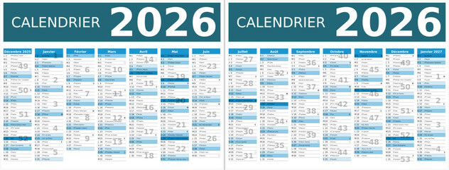 Calendrier 2026 14 mois au format 320 x 420 mm recto verso entièrement modifiable via calques et texte sans serif	