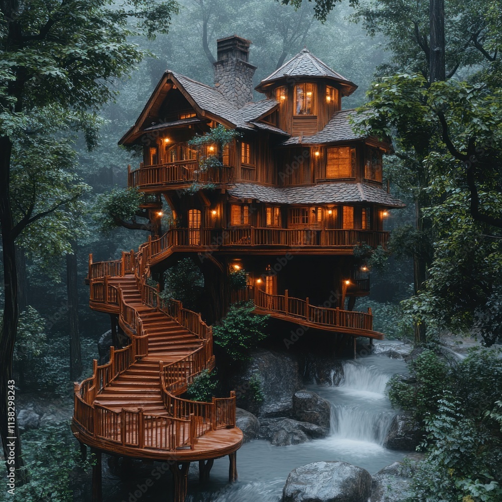 Poster enchanting treehouse nestled in a lush forest with a cascading waterfall.