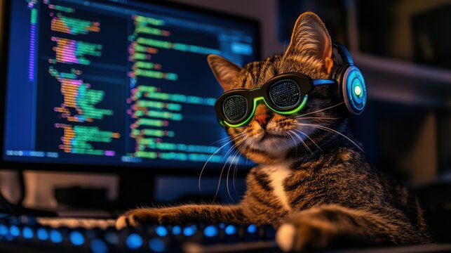 Adorable Cat in Headphones and Glasses Sitting at a Computer with Colorful Coding on the Screen, Perfect for Tech and Animal Lovers Alike
