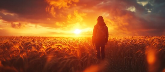 Fototapeta premium Solitary figure in wheat field at sunset.