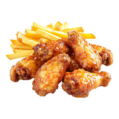 Fried chicken wings served with fries displayed on a transparent background, ideal for fast food promotions, takeout packaging designs, or culinary visuals.