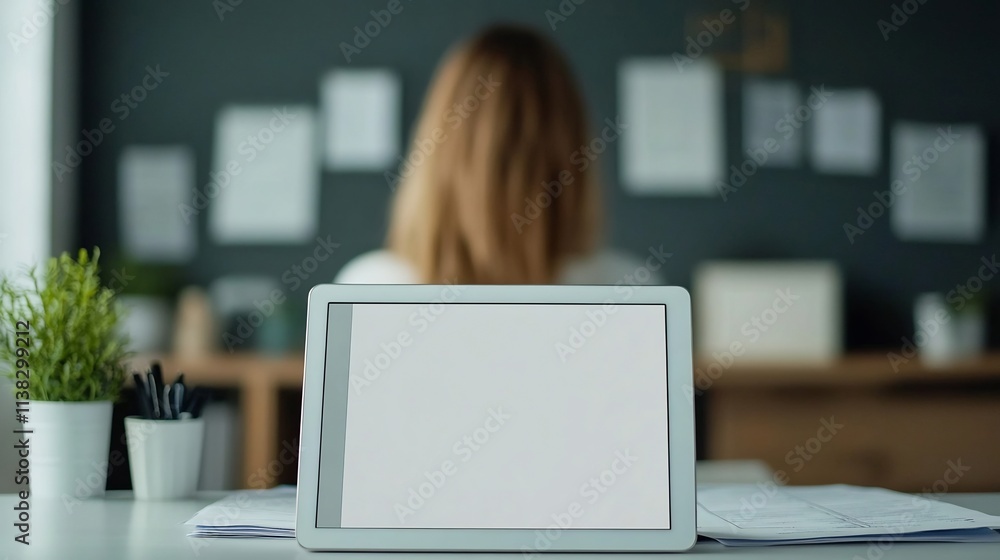 Poster digitized financial report displayed on tablet device with office backdrop