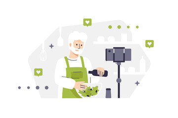 Male character in green apron preparing fresh salad pouring oil from glass bottle. Illustration of elderly bearded chef recording cooking process on camera. Man preparing food in home environment.