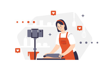 A female character in an apron rolls out dough in the kitchen. A girl with a headband films the process of preparing bakery products for subscribers on a camera mounted on a tripod. Social media icons
