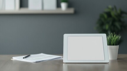 Digital Financial Report on Tablet Desk with Paperwork and Office Elements