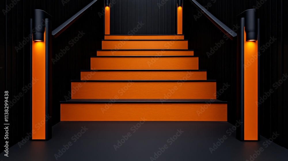 Poster illuminated path: a minimalist staircase bathed in warm orange light, inviting you to ascend towards