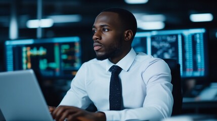 Focused Businessman Analyzing Financial Data on Laptop in Tech-Savvy Office