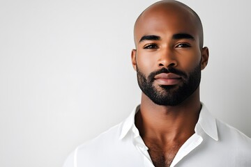 bald man, side profile, confident man, black man portrait, close-up face, bearded man, professional headshot, modern look, stylish appearance with minimal background