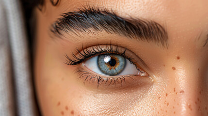 Obraz premium Close-up gray eye Indian woman, beauty salon treatment, 2d volume, classical lashes, brows lamination