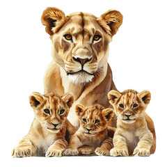 A proud lioness with her three adorable cubs, captured in a beautiful watercolor style on a white isolated background.