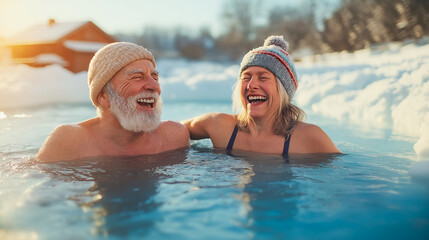 Fototapeta premium Elderly couple laughing while enjoying an outdoor ice bath in a snow-covered winter landscape. Both are wearing warm knitted hats, and their faces reflect happiness and joy