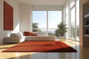 Fototapeta premium Modern interior with big sofa and carpet. Stylish living room with red decoration. Generated AI