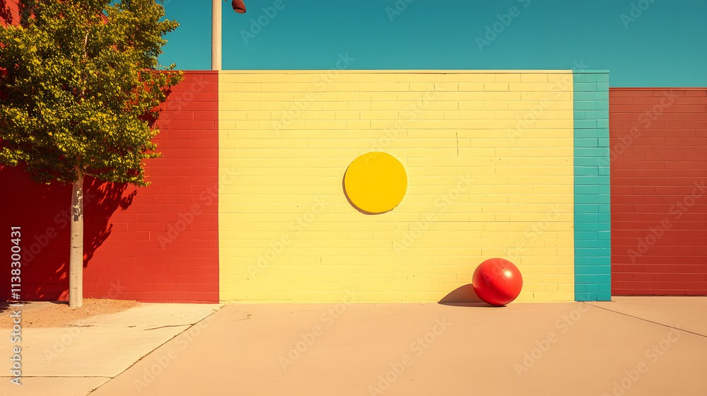 Poster a vibrant scene featuring a bright yellow wall with a large circle, accompanied by a red ball on a s