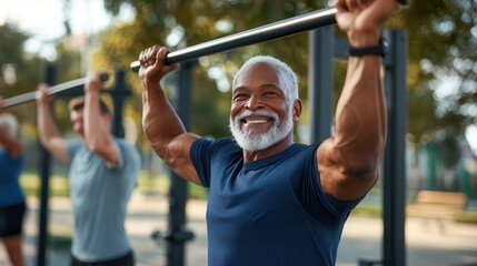 Naklejka premium Close-up of senior male friends smiling and encouraging each other while using pull-up bars and step platforms at an outdoor exercise park.